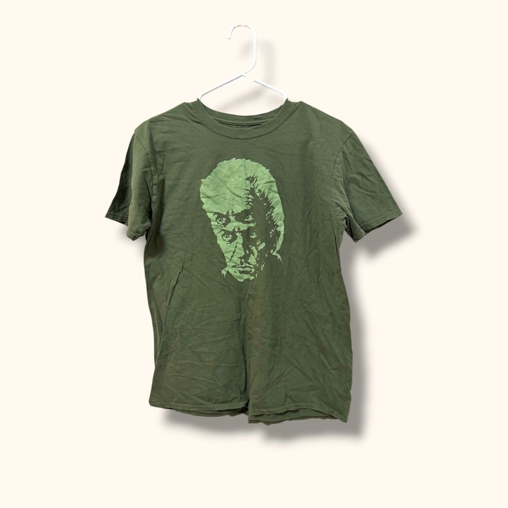 Graphic Shirt Mens M Olive Face Print Short Sleeve Cotton Tee